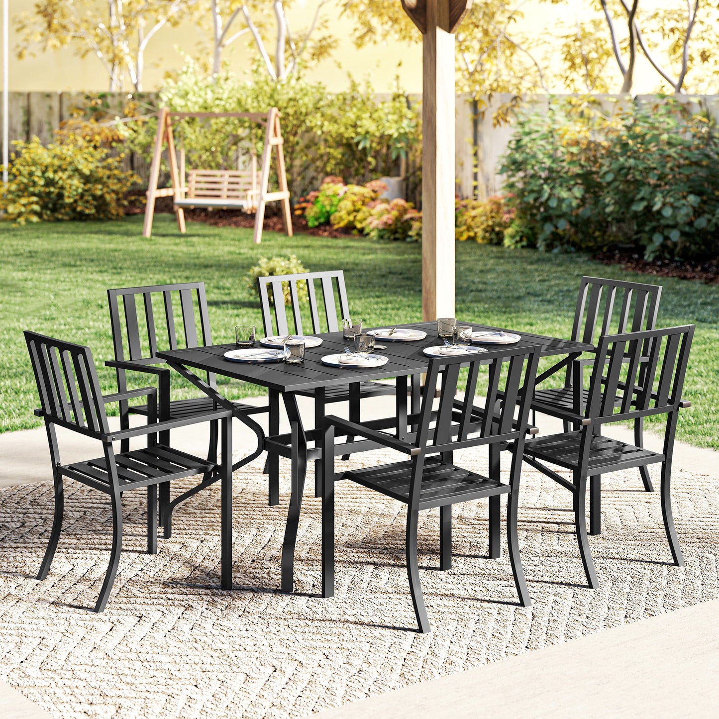 7 Pieces Garden Table and Chairs 6 Seater Outdoor Table and Chairs with Umbrella Hole, for Poolside, Garden, Black