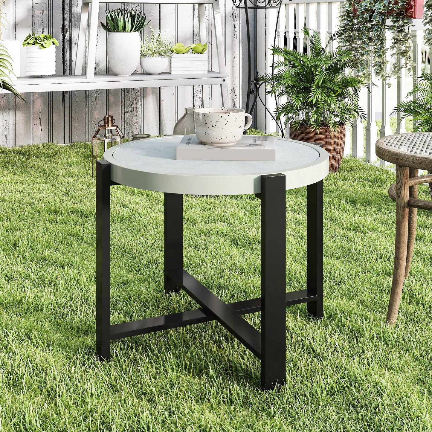 Round Small Garden Table, 60cm Outdoor Side Table with Faux Marble Tempered Glass Top, Aluminium Frame for Garden, Patio