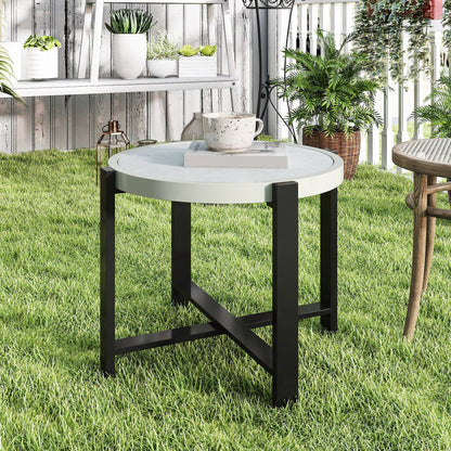 Round Small Garden Table, 60cm Outdoor Side Table with Faux Marble Tempered Glass Top, Aluminium Frame for Garden, Patio