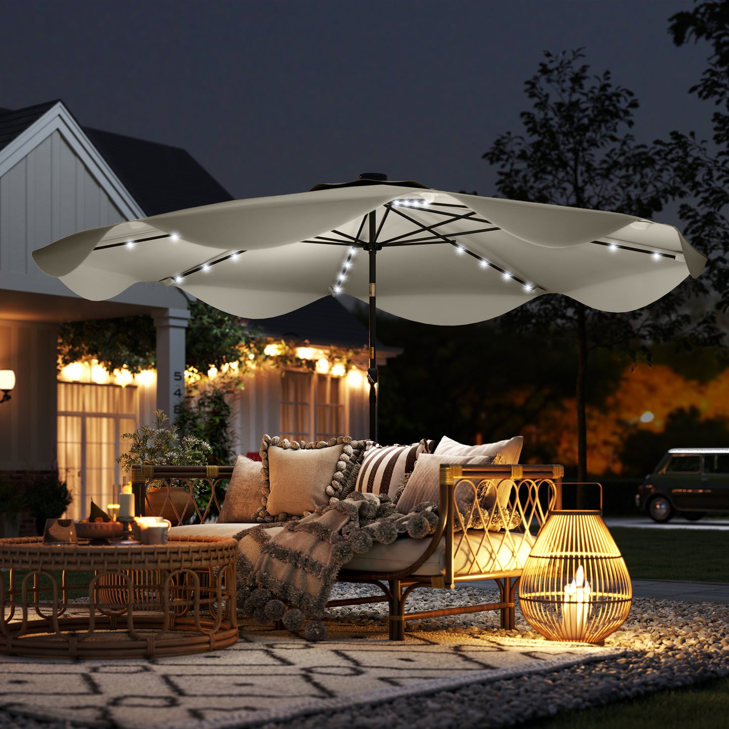 Solar Patio Umbrella with LED and Tilt, Outdoor Market Table Umbrella Parasol with Crank, 3 x 3 (m), Cream White