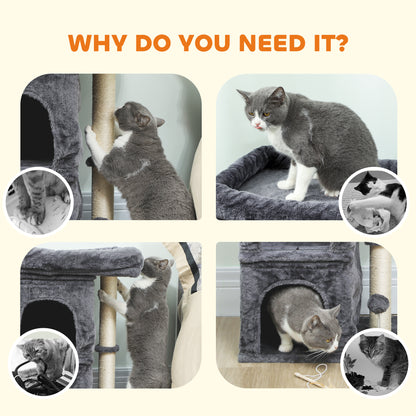 66 cm Small Cat Tree for Large Cats, Cat Tower w/ Large Top Perch, 2 Condos, Sisal Scratching Post, Toy Ball, Dark Grey