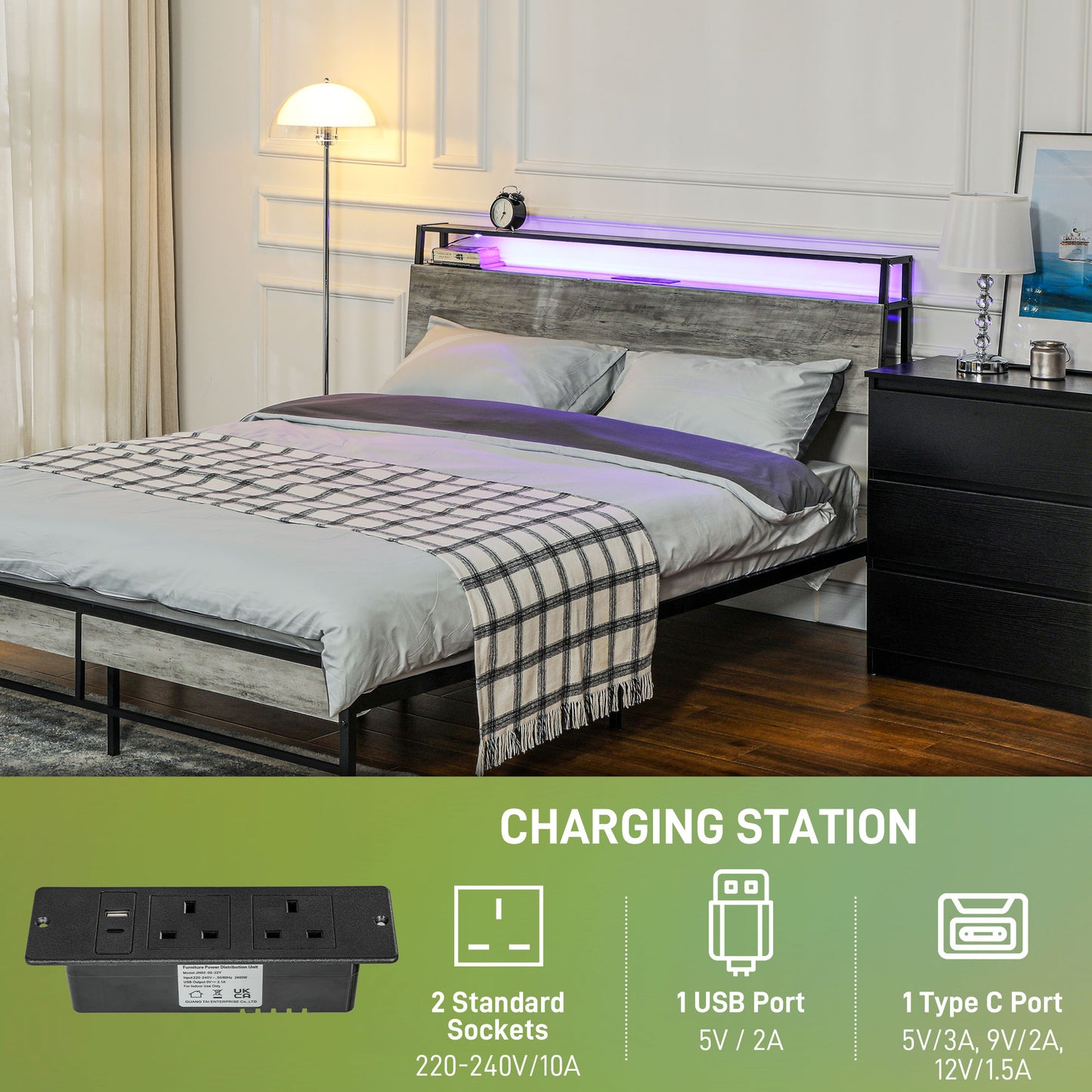 Double Steel Bed Frame, with LED Lights and Shelf - Grey