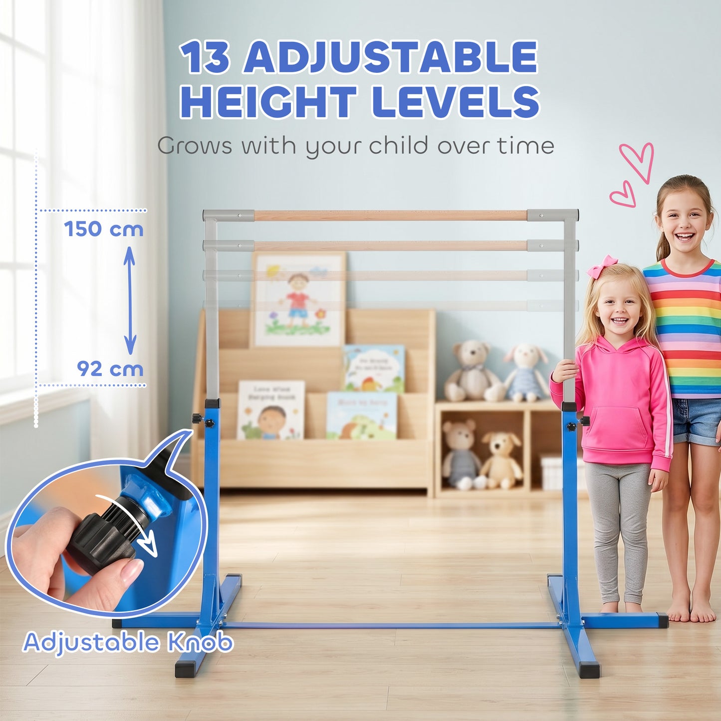 Height Adjustable Gymnastics Horizontal Bar for Kids, Children Junior Kip High Bar Fitness, Blue