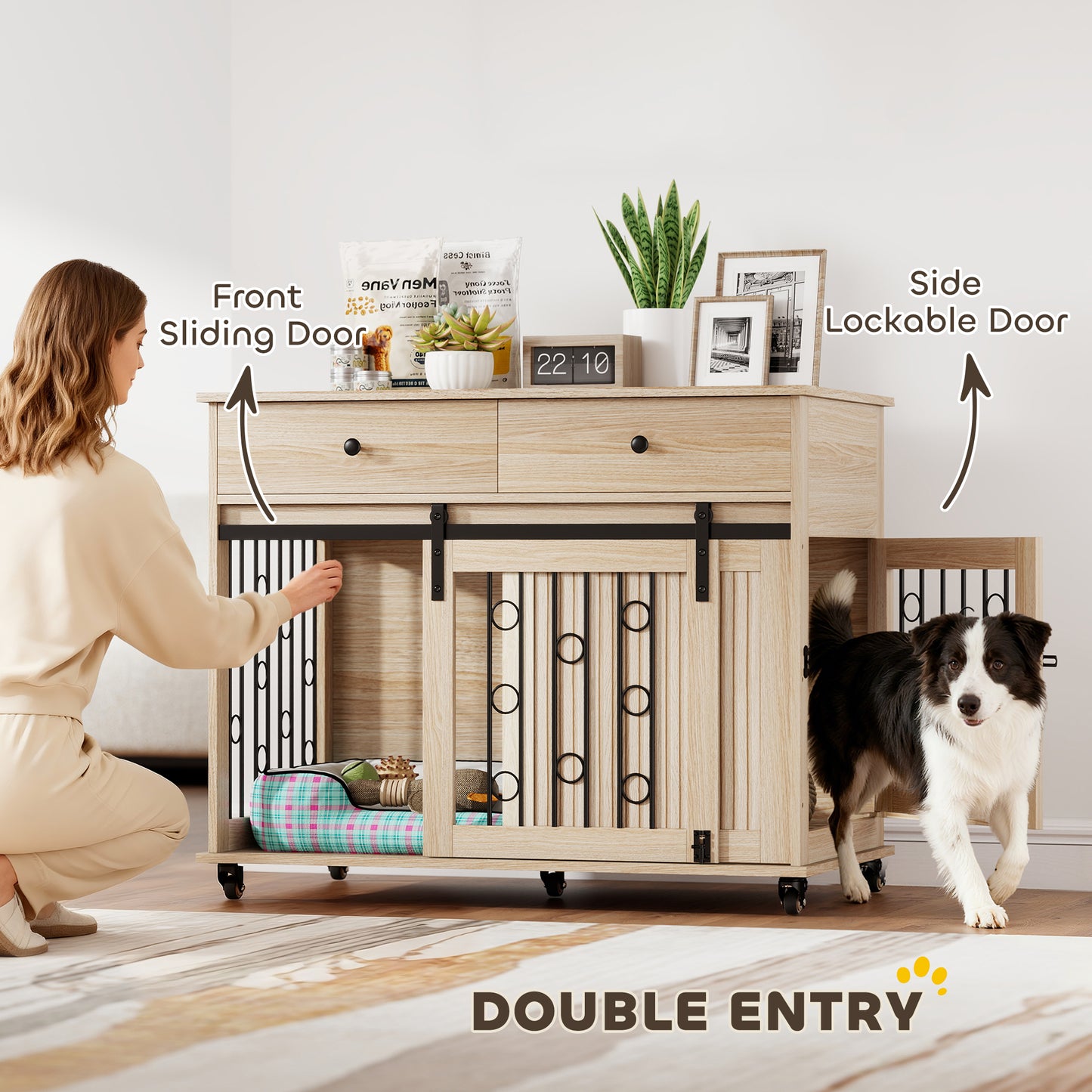 Dog Crate Furniture on Wheels, Dog Cage with 2 Drawers, Sliding Door, for Medium Large Dogs, Oak Tone