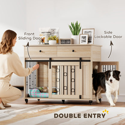 Dog Crate Furniture on Wheels, Dog Cage with 2 Drawers, Sliding Door, for Medium Large Dogs, Oak Tone