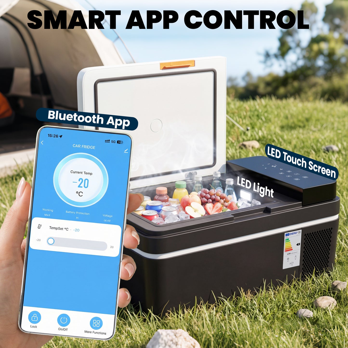 20L Compressor Car Fridge Freezer, Camping Refrigerator with App Control, 12/24V DC and 100-240V AC