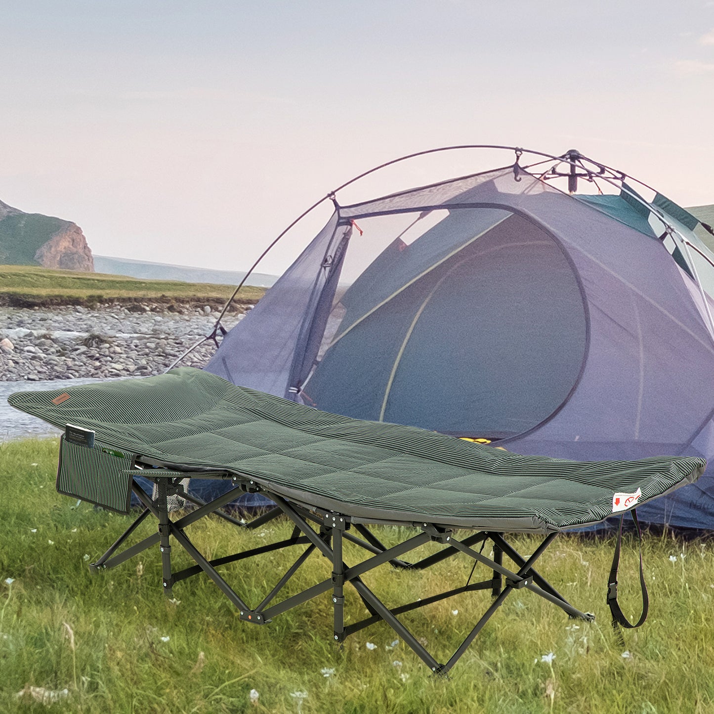 Foldable Camp Bed, Padded Patio Camping Bed with Carry Bag, Magazine Bag and Cup Holder for Outdoor, Garden, Grey