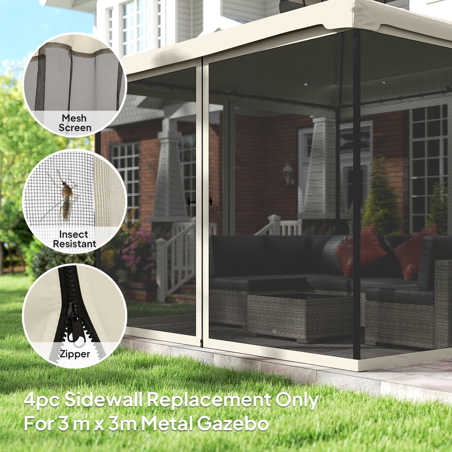 302 x 207cm Universal Replacement Mesh Sidewall Netting for Patio Gazebos and Canopy Tents, (Sidewall Only) Cream White