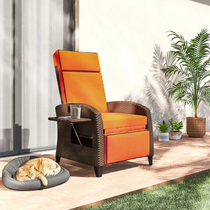 Garden Recliner with Cushion, Outdoor Recliner Chair with Adjustable Backrest & Footrest, Side Tray, Orange