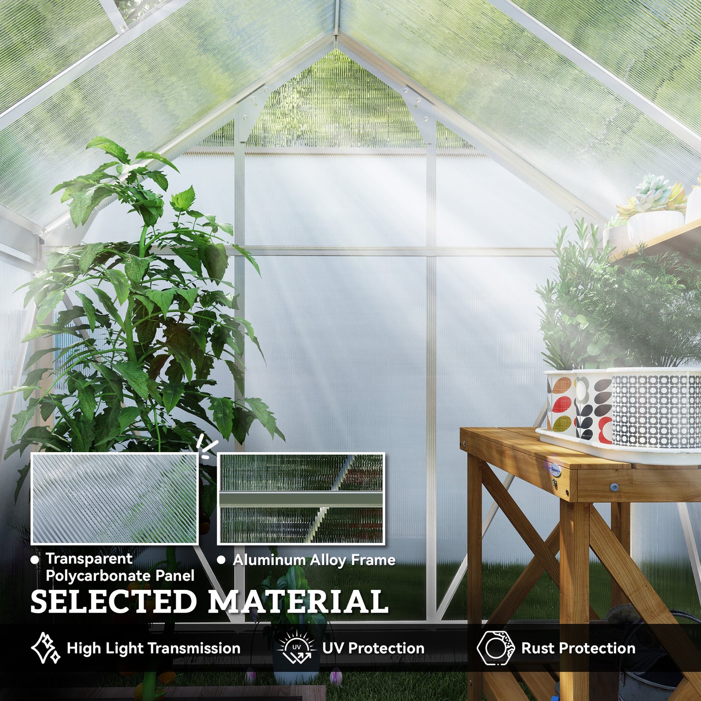 Polycarbonate Greenhouse, Large Walk-In Green House with Slide Door and Window, Aluminium Frame, 6x4ft, Silver Tone