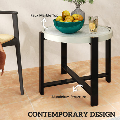 Round Small Garden Table, 60cm Outdoor Side Table with Faux Marble Tempered Glass Top, Aluminium Frame for Garden, Patio
