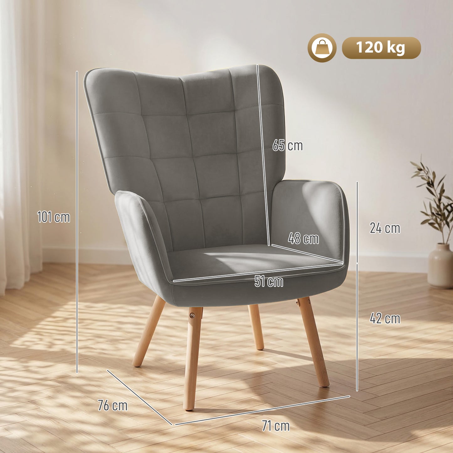 Modern Accent Chair, Upholstered High Back Armchair with Tufted Wingback, Seat Padding