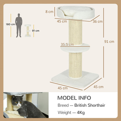 2 Tier Sisal Sherpa Cat Tree with Basket Cushion Sisal Post Cream White
