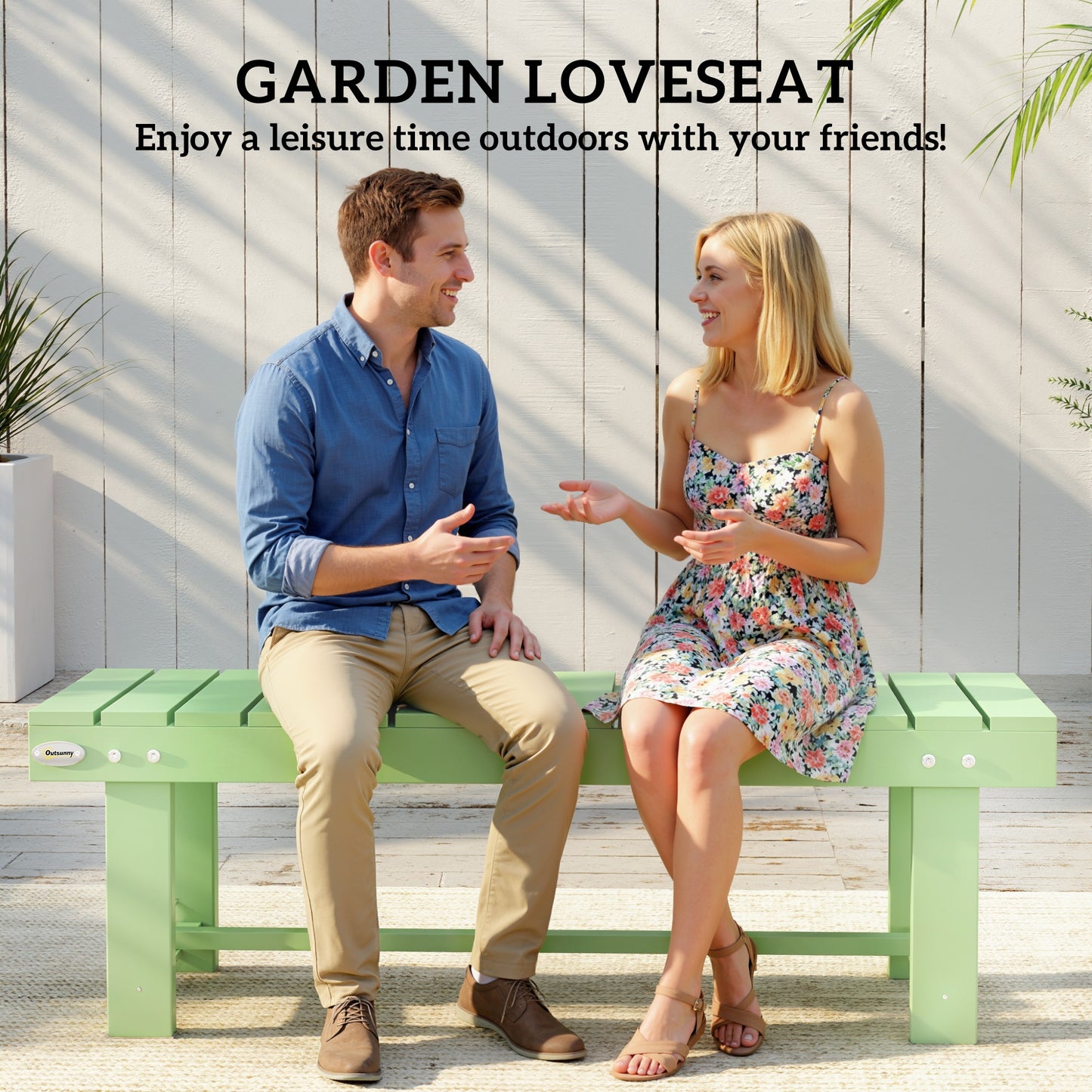 Wooden Garden Bench, Backless Outdoor Loveseat with Slatted Seat, Light Green