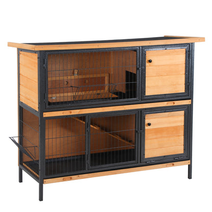 Rabbit Hutch Outdoor Guinea Pig Hutch Bunny Cage Metal Frame with No-Leak Tray Openable Roof Light Yellow 122 x 50 x 101cm