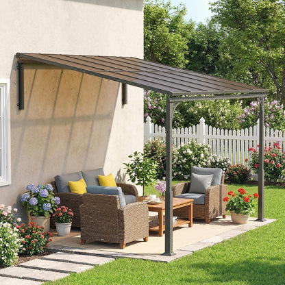 3.4 x 3 m Metal Lean-to Pergola, Wall-Mounted Garden Pergola with Polycarbonate Roof and Metal-Aluminium Frame