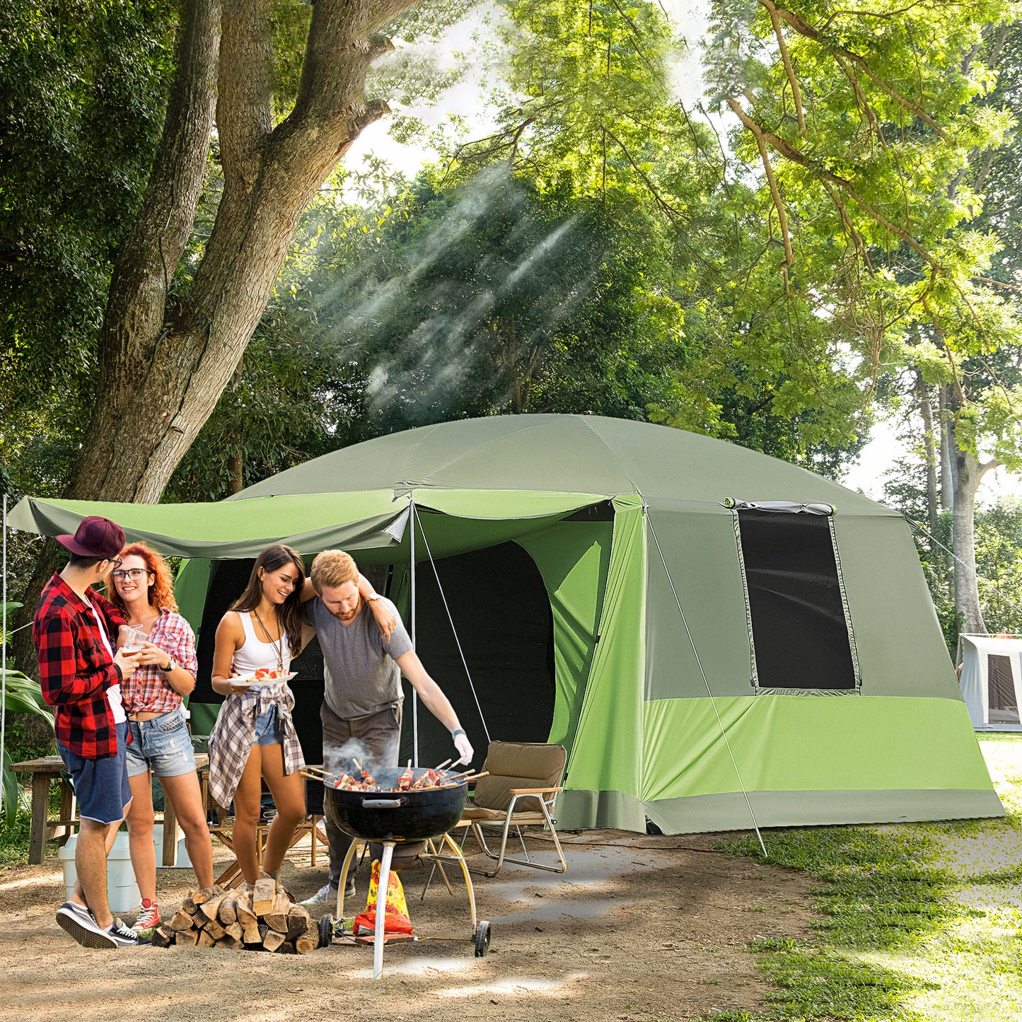 Tunnel Tent Camping Shelter w/ Porch, Two Rooms, Lamp Hook, Portable Carry Bag