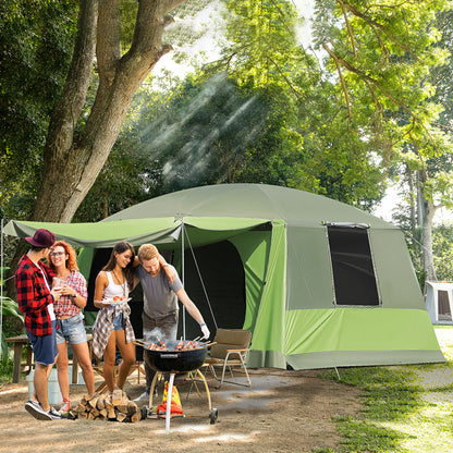 Tunnel Tent Camping Shelter w/ Porch, Two Rooms, Lamp Hook, Portable Carry Bag