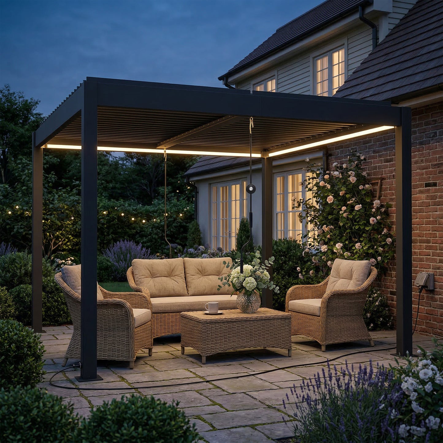 3 x 3 m Louvered Pergola with LED Lights, Metal Louvres, Aluminium Patio Gazebo Pergola, Dark Grey