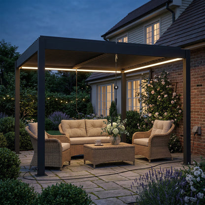 3 x 3 m Louvered Pergola with LED Lights, Metal Louvres, Aluminium Patio Gazebo Pergola, Dark Grey