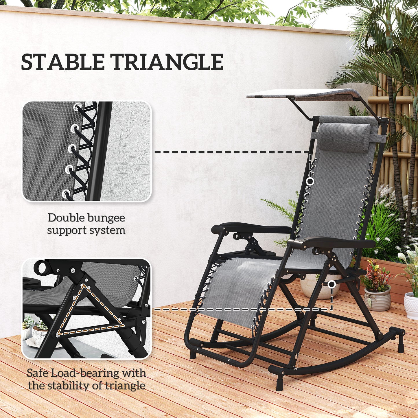 Garden Rocking Chair Folding Recliner Outdoor Adjustable Sun Lounger Rocker Zero-Gravity Seat with Headrest Side Holder Patio