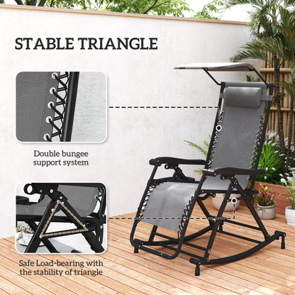 Garden Rocking Chair Folding Recliner Outdoor Adjustable Sun Lounger Rocker Zero-Gravity Seat with Headrest Side Holder Patio