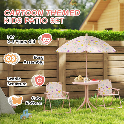 4-Piece Kids Garden Table and Chair Set with Adjustable Parasol, Folding Chairs, Table, Rainbow Pattern, Pink