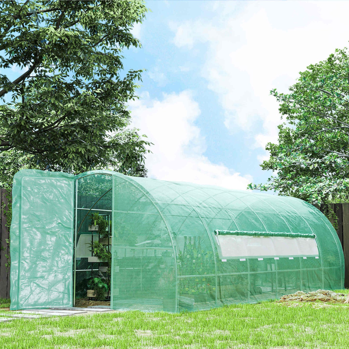 Large Polytunnel Walk In Greenhouse, Plant Gardening Tunnel Green House with Metal Hinged Door