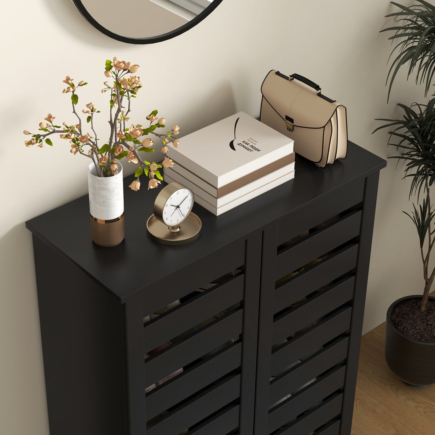 Narrow Shoe Cabinet for Entryway, 5-Tier Slim Shoe Storage Cabinet with 2 Slatted Doors and Adjustable Shelves