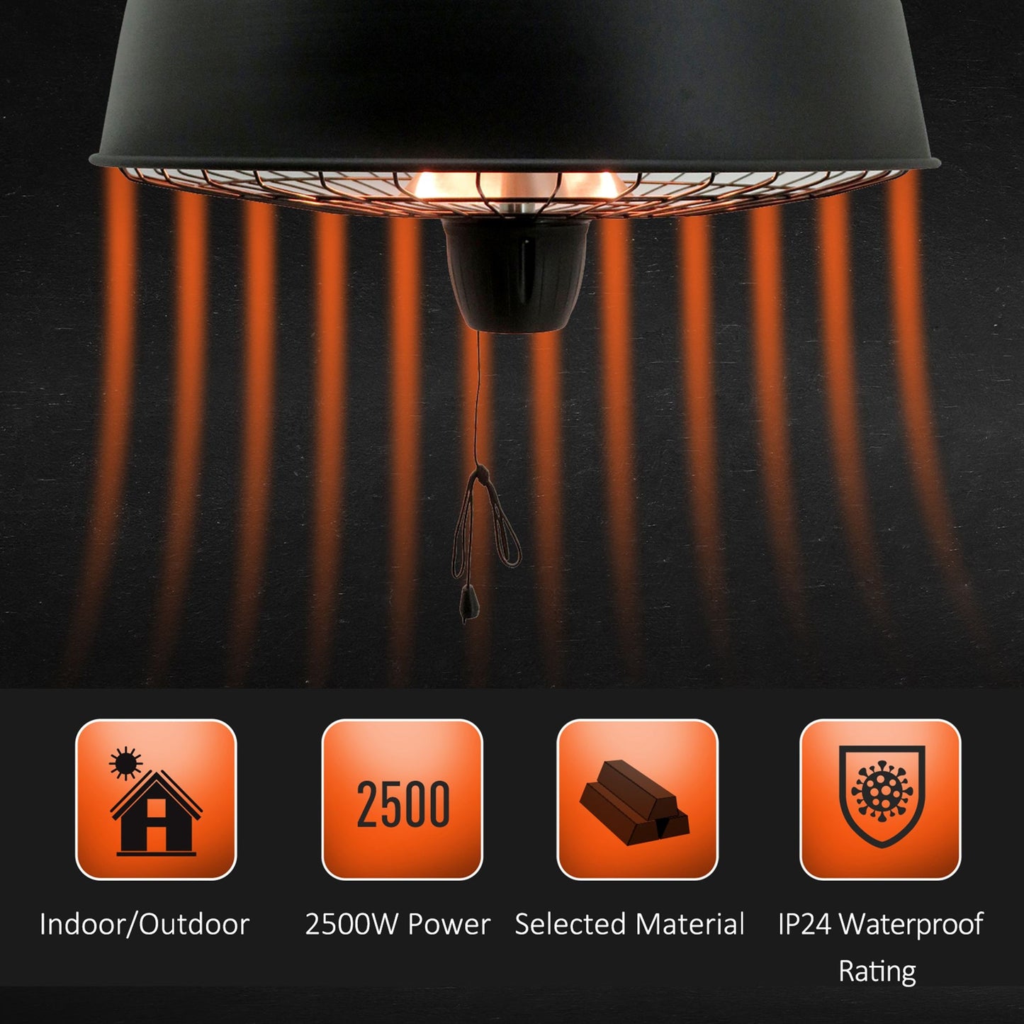 Adjustable Power 1000/2500W Infrared Halogen Electric Patio Light Heater, Ceiling Hanging Mount -Black