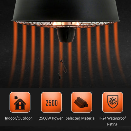 Adjustable Power 1000/2500W Infrared Halogen Electric Patio Light Heater, Ceiling Hanging Mount -Black