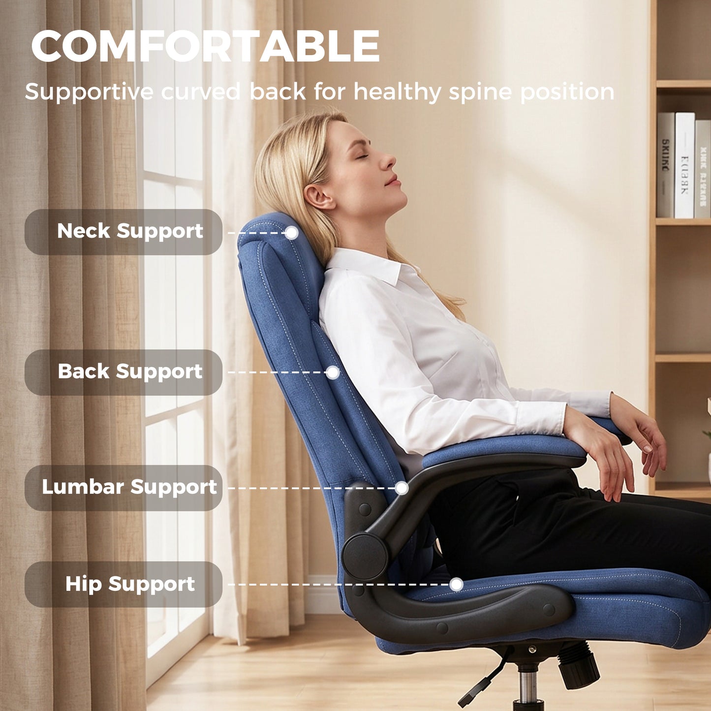 Linen-Look Computer Desk Chair, Executive Office Chair with Flip-Up Armrests and Thick Cushion, Blue