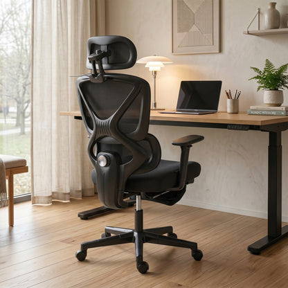Mesh Desk Chair with 3D Armrests, Ergonomic Office Chair with Rotatable Headrest, Black