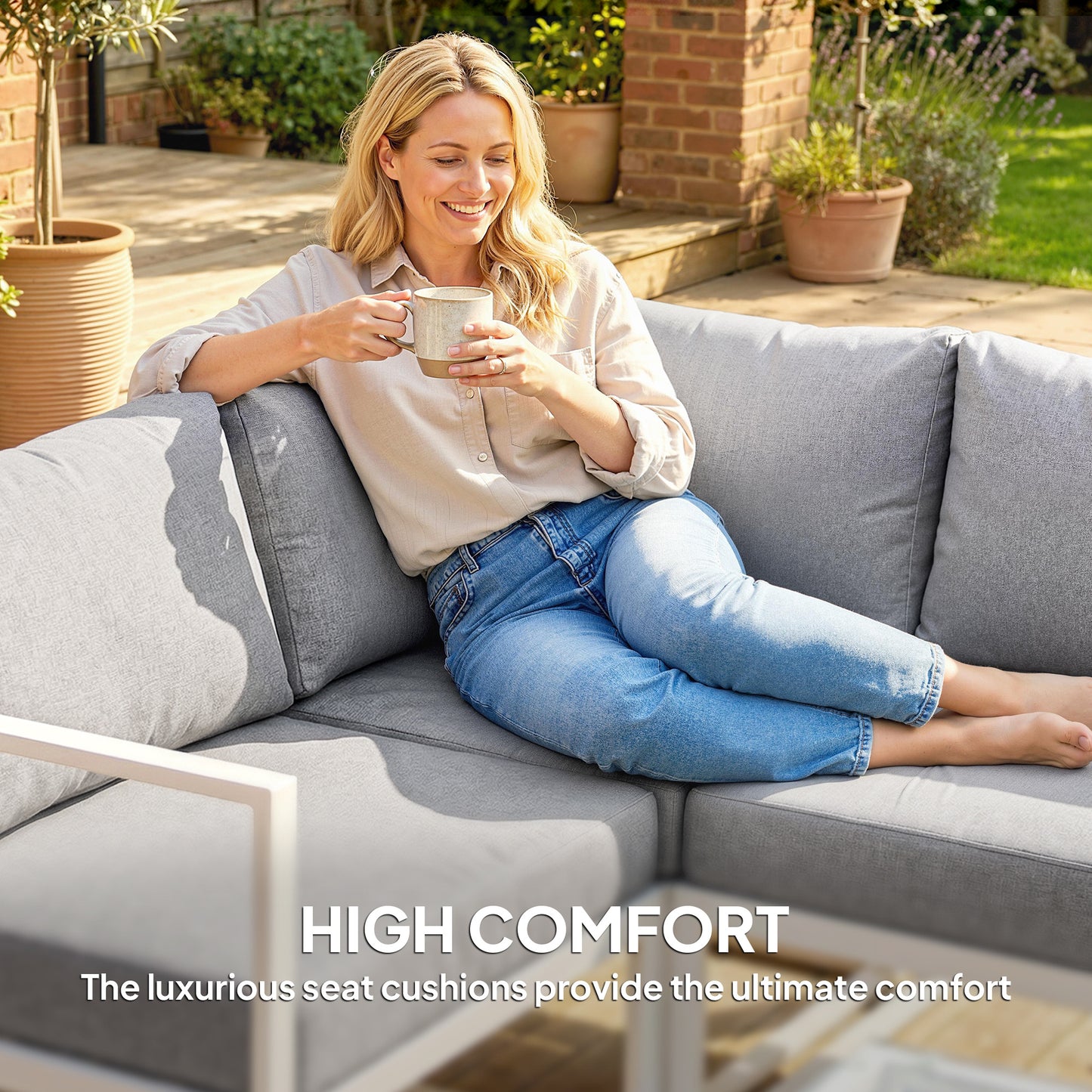 5 Seater Aluminium Garden Furniture Set, Garden Sofa Set with Thick Cushions for Patio and Balcony, Outdoor, Light Grey
