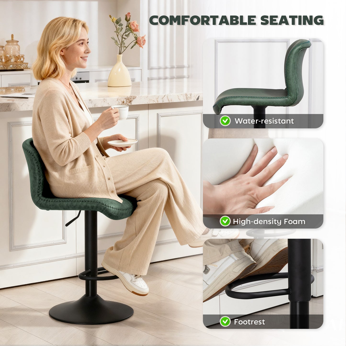 Bar Stools Set of 2, PU Leather Barstools with Backrest and Footrest for Kitchen, Counter, Breakfast Bar, Green