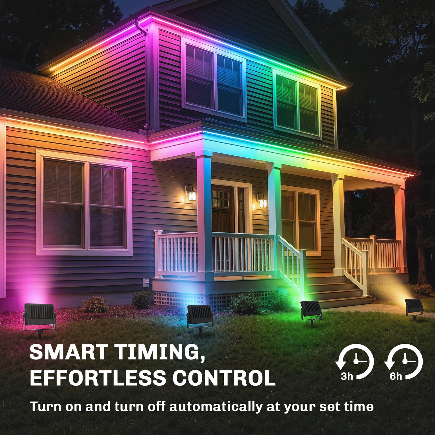 32W LED Floodlights, Linkable 4-Pack Landscape Lighting with Remote Control, RGB Colour Changing, UK Plug, Black