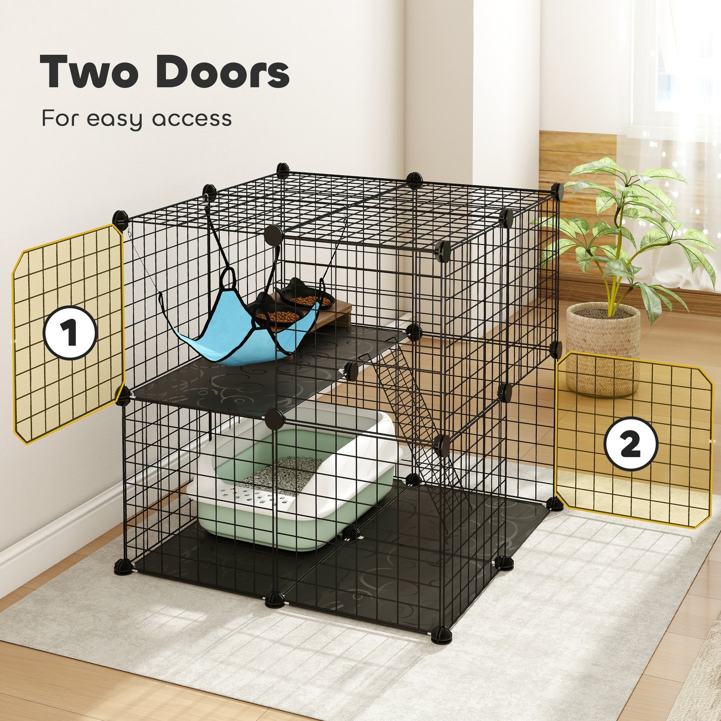 Indoor Cat Cage DIY Customizable 2-Tier Indoor Cat Enclosure with 2 Doors and Hammock 70 cm Black
