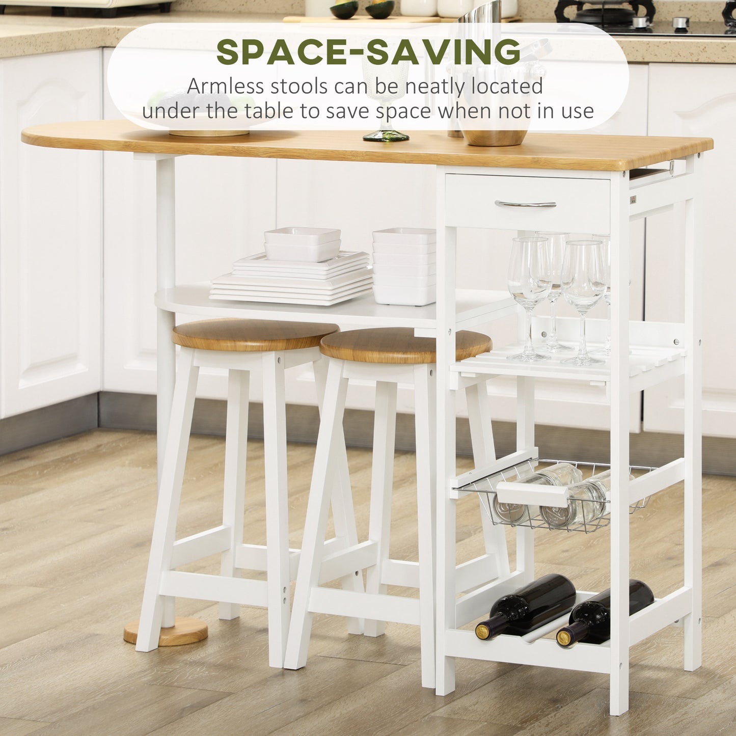 3 Piece Bar Table Set, Breakfast Bar table and Stools with Storage Shelf, Drawer, Wire Basket and Wine Rack for Kitchen