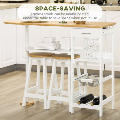 3 Piece Bar Table Set, Breakfast Bar table and Stools with Storage Shelf, Drawer, Wire Basket and Wine Rack for Kitchen