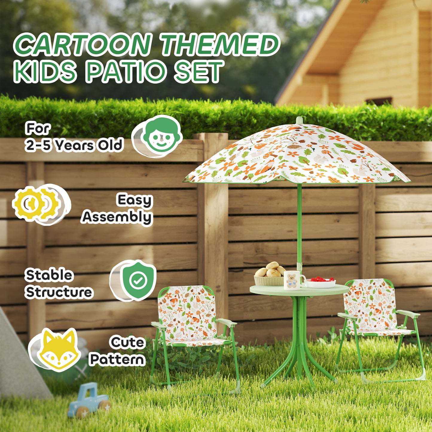 4-Piece Kids Garden Table and Chair Set with Adjustable Parasol, Folding Chairs, Table, Nature Pattern, Green
