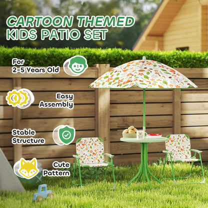 4-Piece Kids Garden Table and Chair Set with Adjustable Parasol, Folding Chairs, Table, Nature Pattern, Green