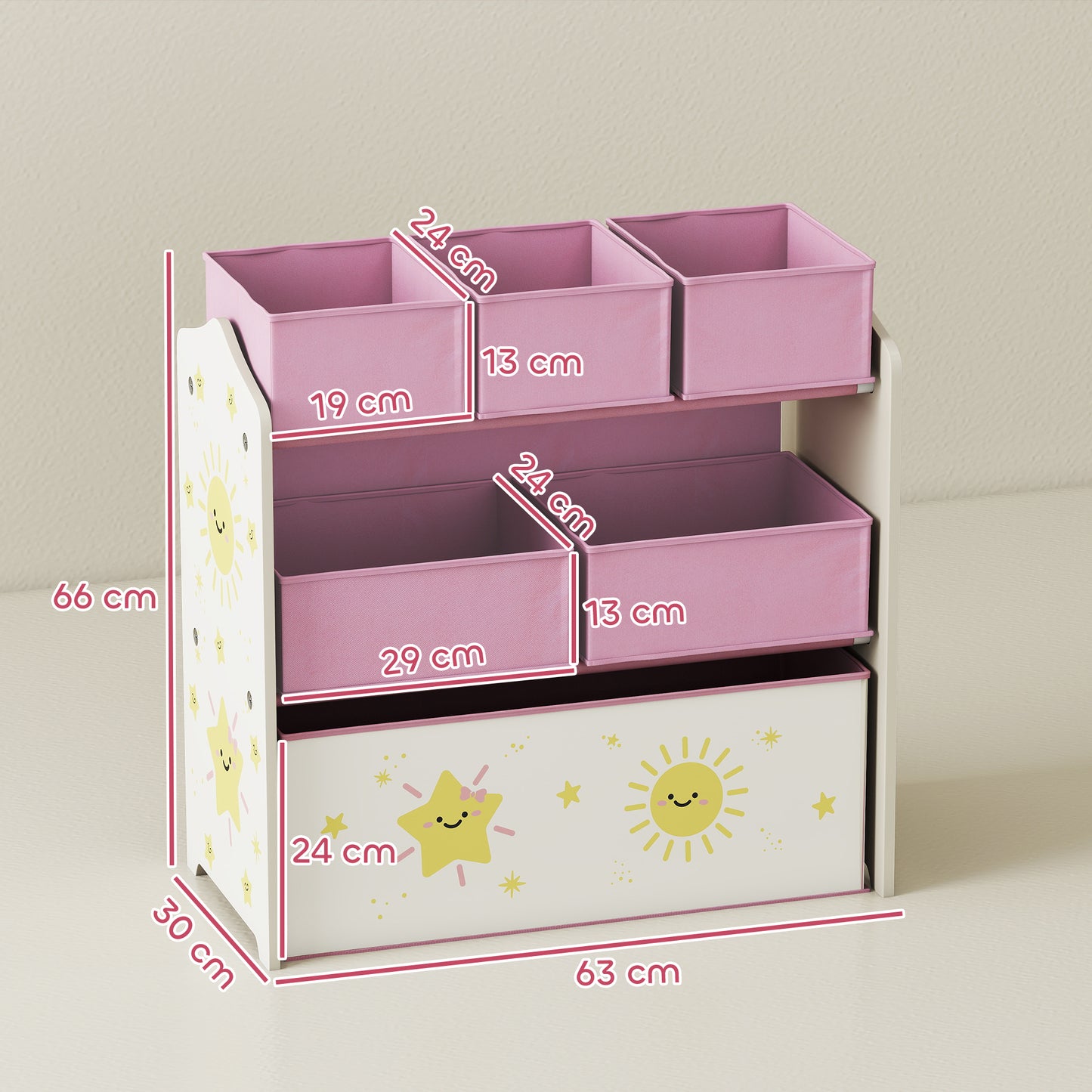 Kids Toy Storage Units, 3-Tier Toy Organiser Shelf with 6 Removable Boxes for Kids, Bedroom, Playroom, Pink
