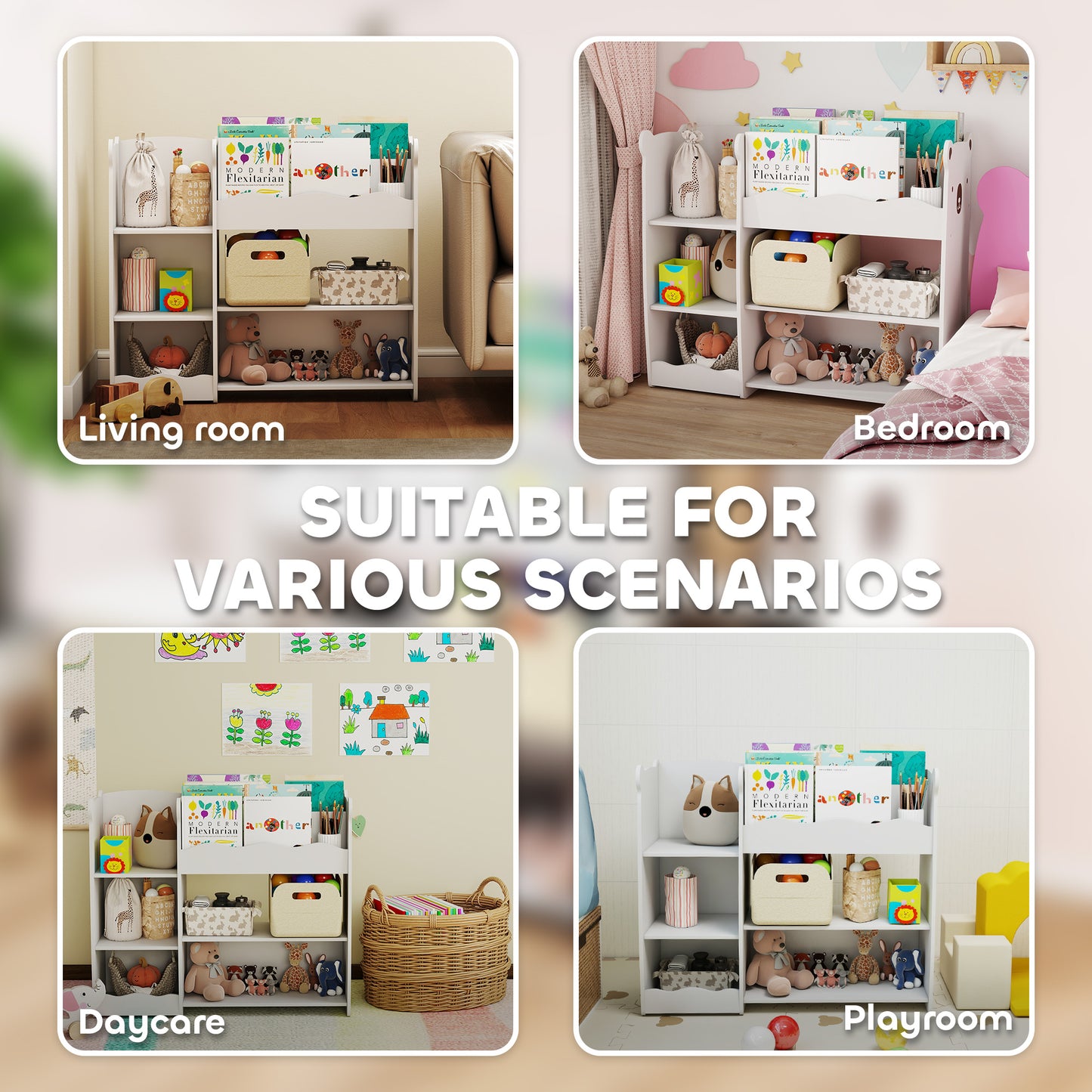 Kids Toy Storage Unit, Bear Design Kids Bookshelf and Toy Organiser, for Bedroom, Nursery, Playroom, White
