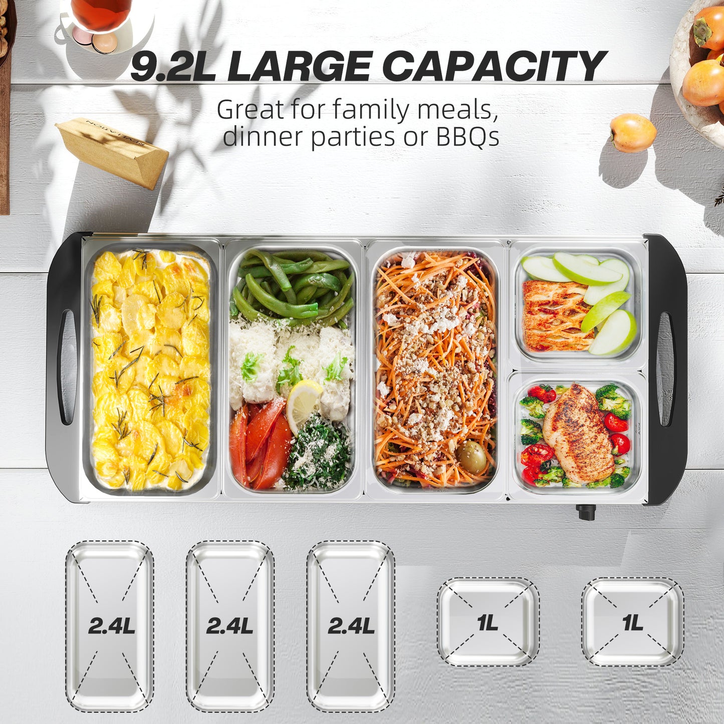 5 Tray Electric Food Warmer Buffet Server with Warming Plate, Cool Touch Handles, Adjustable Temperature, 300W