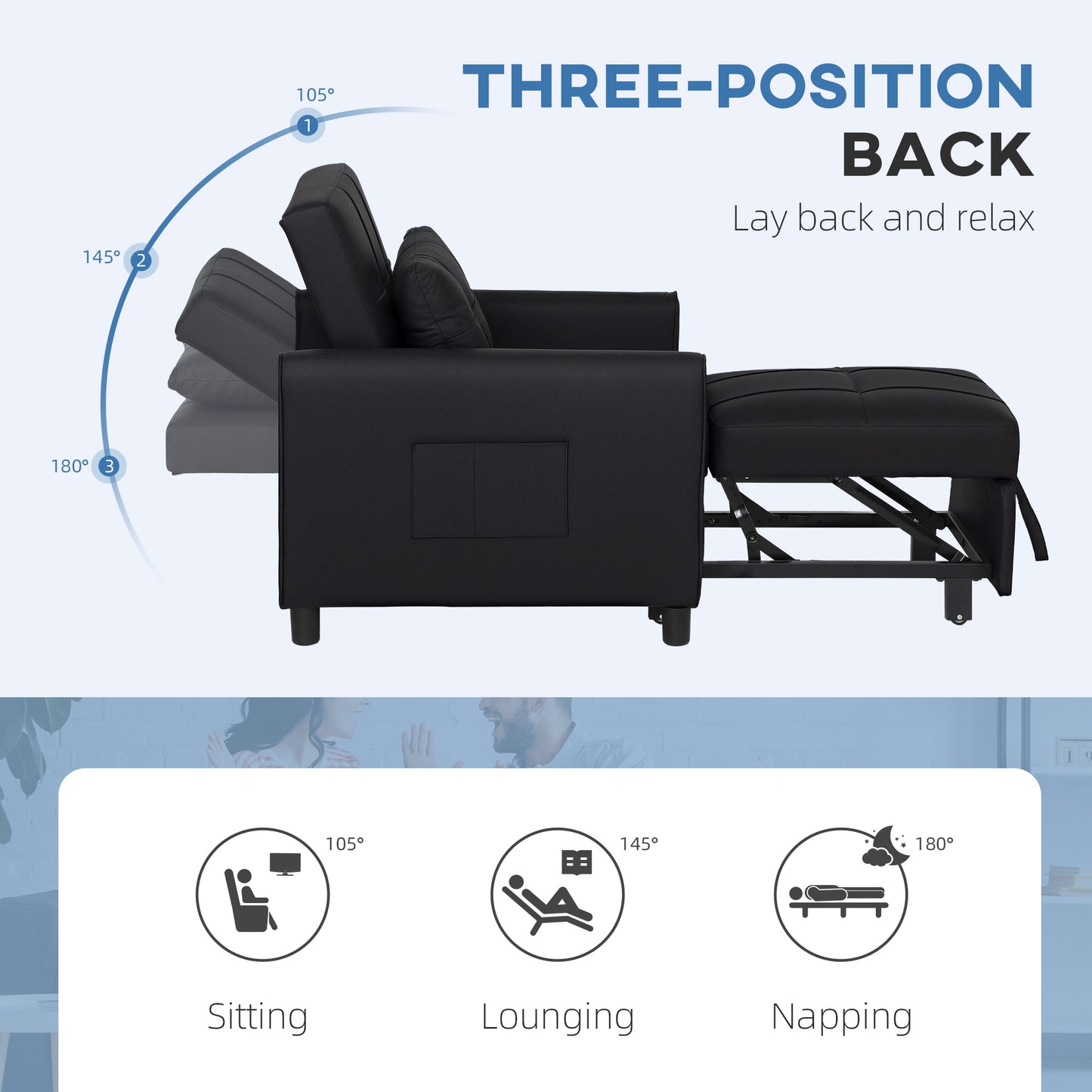 3-In-1 Linen-Look Single Chair Bed with 11cm Thick Adjustable Back & Eucalyptus Wood Sofa Frame - Black