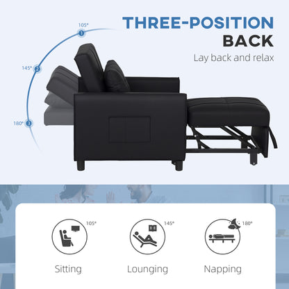 3-In-1 Linen-Look Single Chair Bed with 11cm Thick Adjustable Back & Eucalyptus Wood Sofa Frame - Black