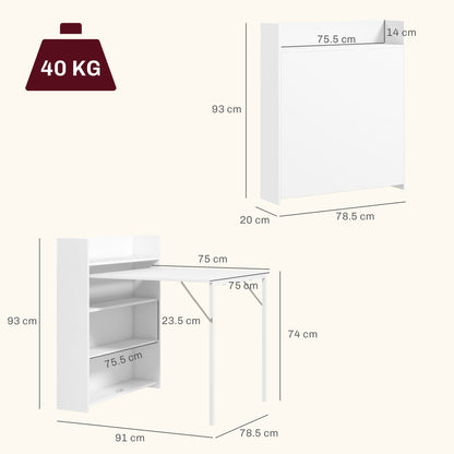 Kitchen Table, Folding Dining Table, with 4-Tier Shelves, Modern Drop-Leaf Table, White