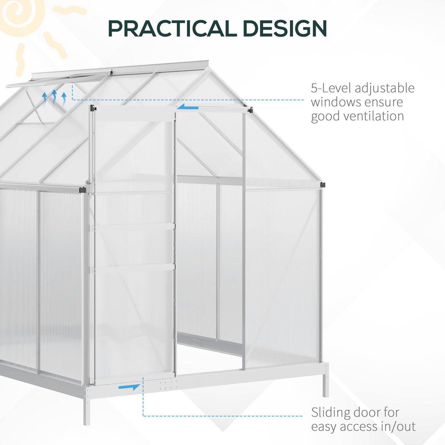 190 x 253 cm Walk-In Polycarbonate Greenhouse - Silver-Tone