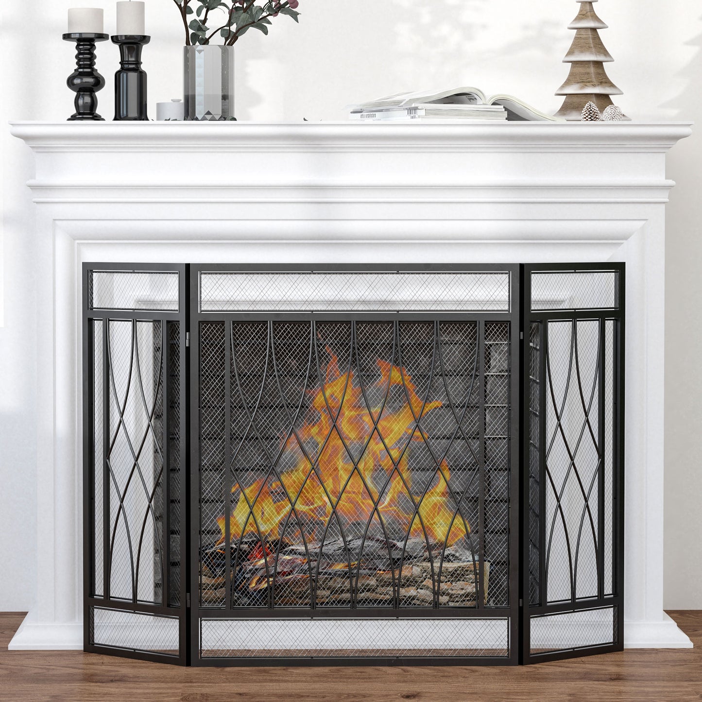 126cm 3-Panel Metal Folding Fireplace Screen Heat Flame Protective Guard Child Pet Home Spark Barrier Surround w/ Mesh Patter