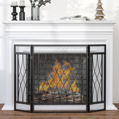 126cm 3-Panel Metal Folding Fireplace Screen Heat Flame Protective Guard Child Pet Home Spark Barrier Surround w/ Mesh Patter